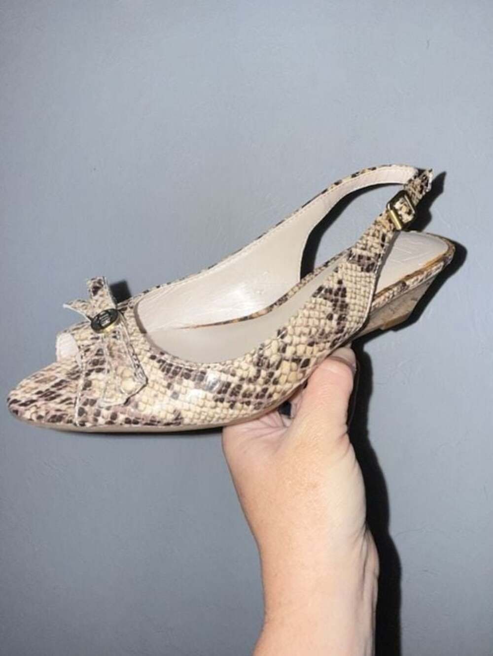 Etienne Aigner Snakeskin Print Peep-Toe Slingback Cork Wedge Sandals